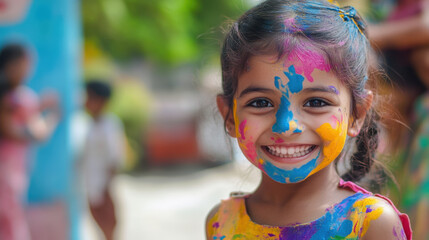 Smiling child with colorful face paint, enjoying fun outdoor activity. vibrant colors reflect joy and creativity, capturing moment of happiness and playfulness