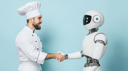 Chef and Robot Collaboration: A smiling chef in full whites shakes hands with a friendly-looking robot chef against a light blue background.