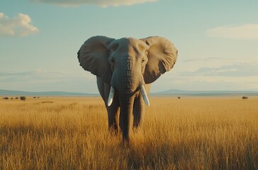Obraz premium An elephant stands in a field of tall grass, looking directly at the camera.