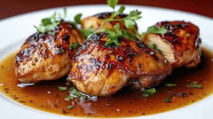 A perfectly plated garlic butter chicken with a glossy sauce,