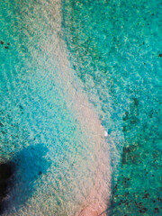 Aerial view of sandbar and blue sea. sandbank in Indian ocean, white sandy coast crystal azure color water. summer holiday concept.