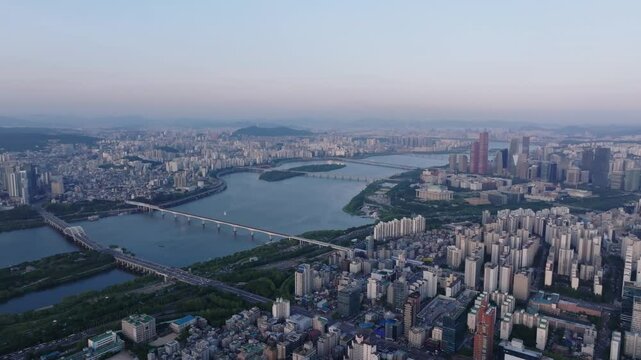 Aerial View of the Han River and Dangsan Bridge, Seoul. 서울, 당산철교, 한강 