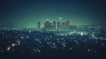 Fototapeta premium Nighttime Skyline of a City with Illuminated Buildings