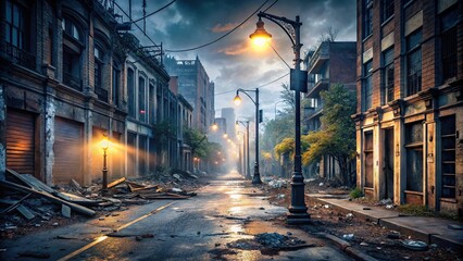 Abandoned city street at dusk with broken lights and debris scattered everywhere, urban decay, urban blight, abandoned