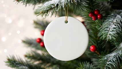 Flat circle white ceramic ornament hanging on branch of a Christmas tree mockup background