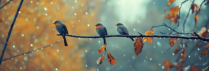Three birds perched on a branch amidst autumn leaves and falling rain.