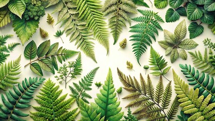A beautiful botanical illustration of different types of leaves, ferns and moss, arranged in a natural pattern, greenery, design, fern