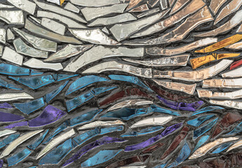 The walls are decorated with colorful Stained glass scraps mosaic. Scraps glass texture background, Creativity, art and design, Space for text, Selective focus.