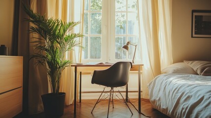 A cozy room featuring a desk, chair, plant, and bed, illuminated by natural light.