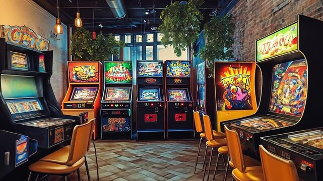 A retro arcade filled with classic pinball machines and video games for entertainment.