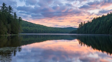 Fototapeta premium Serene lake at sunset reflecting colorful clouds and surrounding greenery.