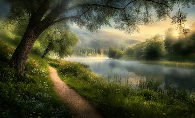 Obraz premium A serene lakeside scene with a winding path, lush trees, and soft morning light.
