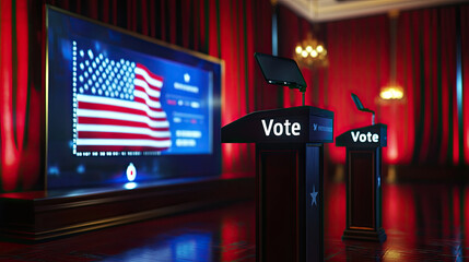 The US presidential election, campaign podium, and speech stage
