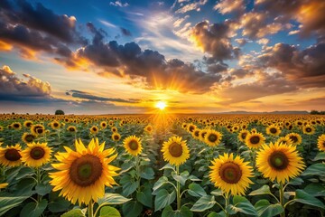 Fototapeta premium A beautiful sunset with a field of sunflowers stretching towards the sky, natural, vibrant, golden, landscape