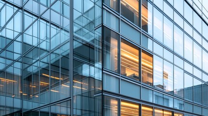 Modern glass building reflecting light with illuminated office spaces.