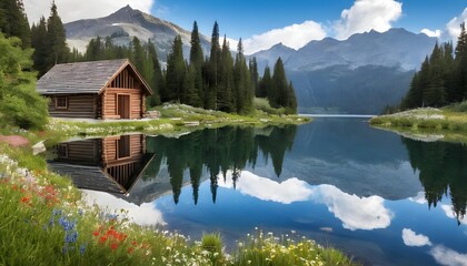Mountain Cabin Reflecting in Serene Lake. Generative AI