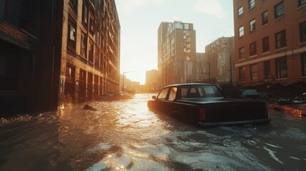 A flooded urban street at sunset, featuring a submerged car amidst debris and rising water levels.