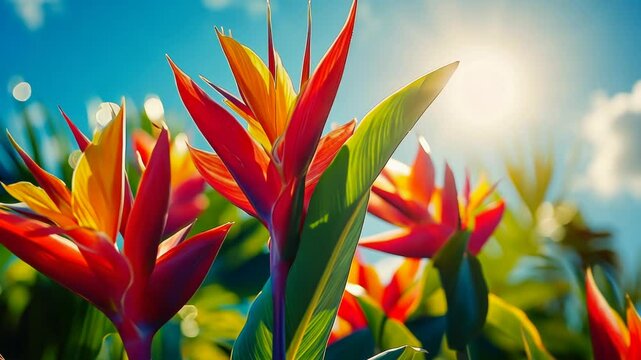 Vibrant tropical flowers basking in sunlight against a bright blue sky.