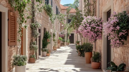 Obraz premium A narrow cobblestone street lined with stone buildings and lush greenery.