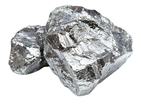 Metalloid mineral rocks with metallic sheen, isolated on white background.