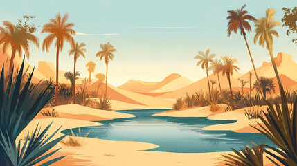 Obraz premium A hidden oasis in the middle of a desert. Hidden Oasis. Illustration