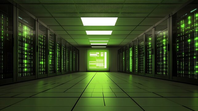 A visually stunning image of a stateoftheart server room featuring a symmetrical layout of advanced servers and networking equipment