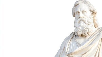 A classical marble statue of a revered philosopher, showcasing intricate details of the beard and draped garments against a white isolated background.