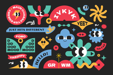 Colorful geometric shape quotes. Gen z and millenials slang words. Patch and badges funky groovy element collection