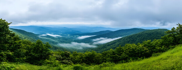 A panoramic view of misty mountains and lush greenery under a cloudy sky.