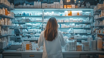 A pharmacist organizing medications in a well-stocked pharmacy.