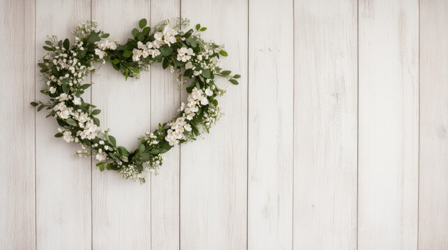 heart shaped floral wreath made of white flowers and greenery, perfect for home decor or special occasions. rustic wooden background adds charm