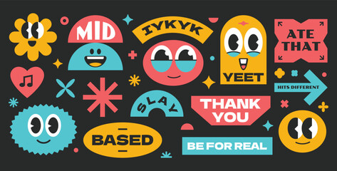 Colorful vintage sticker quotes. Gen z and millenials slang. Funny quotes badge patch. Character cartoon fresh design