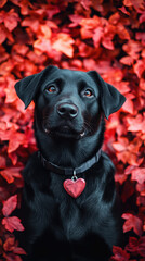 Obraz premium black dog with heart shaped tag sits against backdrop of vibrant red leaves, exuding warmth and affection. scene captures loving and playful spirit