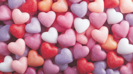 Fototapeta premium Colorful heart shaped candies create vibrant and festive display, perfect for celebrations and sweet moments