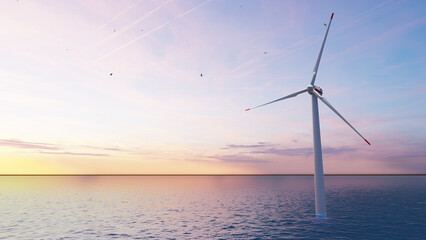 Windmill park. Offshore wind turbines farm on the ocean. Sustainable energy production. Green...