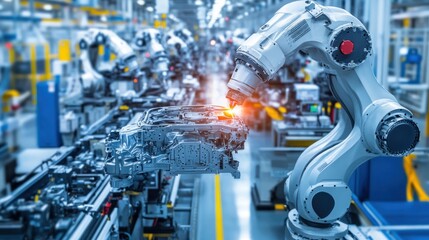 Fototapeta premium A robotic arm assembling car parts in a modern industrial setting.
