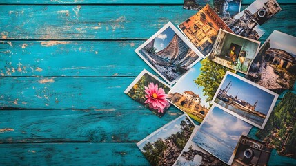 Obraz premium heap of travel photos on azure wood background. 