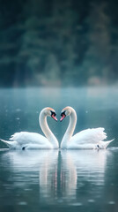 Fototapeta premium Two elegant swans gracefully face each other on serene lake, creating romantic atmosphere. misty background enhances tranquil scene