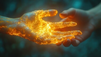 Two hands reaching out, one glowing with golden energy.