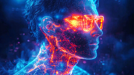 human hologram with glowing features and digital elements, showcasing futuristic design. vibrant colors create striking visual effect