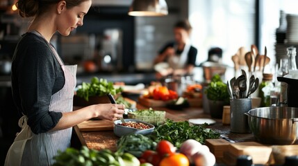 A woman attentively following a cooking class, with various
