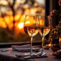 "Wine Glass in Golden Hour Light with a Dreamy, Romantic Atmosphere"