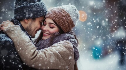 Obraz premium A young couple embracing in the snow, with snowflakes