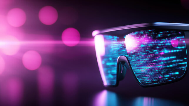 Futuristic glasses with vibrant digital display and glowing lights create captivating visual experience. Perfect for technology enthusiasts and modern design lovers