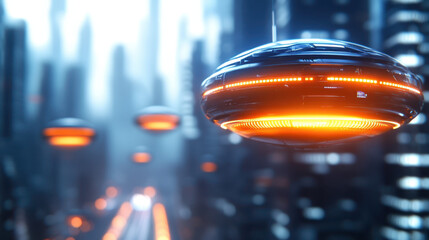Futuristic flying saucers hover over neon lit cityscape, showcasing advanced technology and vibrant atmosphere
