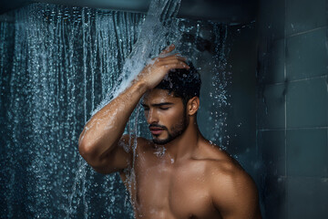 Serious Male Model in a Bathroom-Themed Campaign with Amber-Toned Color Palette