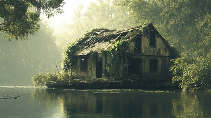 An atmospheric rendering of a deteriorating floating house