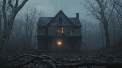An eerie abandoned house with a flickering light in one window,