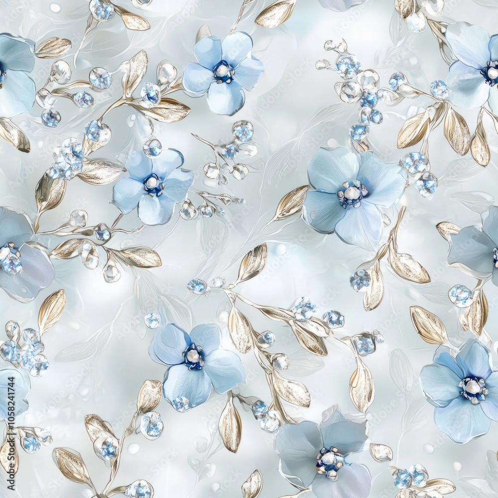 Wall mural seamless pattern of delicate forget-me-nots and leafy accents, emphasizing a soft and gentle touch