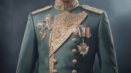 An elegant military uniform adorned with intricate gold embroidery and medals, representing authority and tradition, against a subtle dark backdrop.